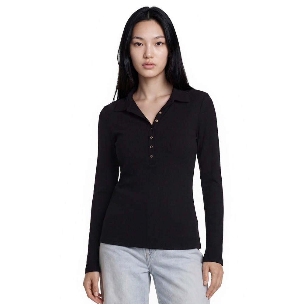 Lilly Pulitzer Henley Top Shirt Women's Size Medium Black Ribbed Long Sleeve
